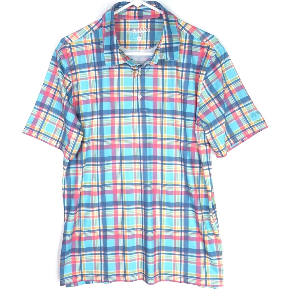 Chubbies Shirt Mens Size Medium Blue / Red Plaid‎ Stretch Performance Polo 2.0